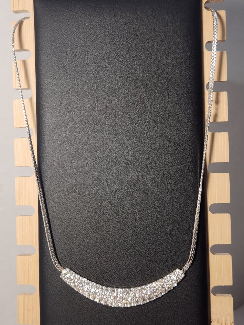 Retro Trifari Silver Pavé Rhinestone Curved Bar Necklace Bridal Sparkle 16-18"